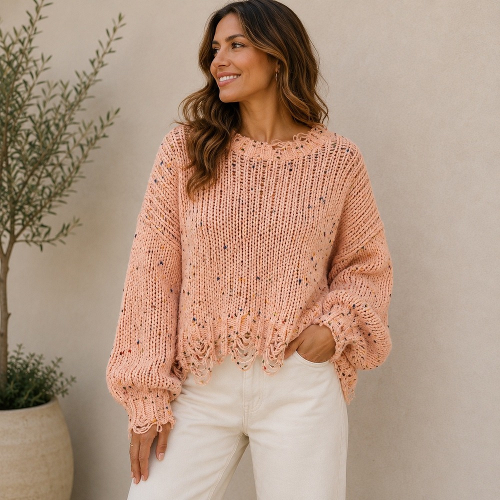 Peach Confetti Chunky Knit Distressed Sweater Oversized Balloon Sleeve Boho